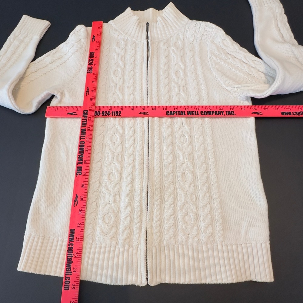 LL Bean Womens Cream White Cotton Cable Knit Full Zip Cardigan Sweater M 298836 - Picture 3 of 11